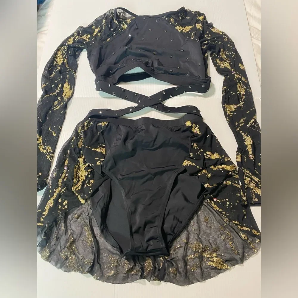 Weissman elite dance costume black gold Glitter Brush Mesh Dress D11680 MA adult